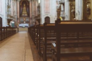 The interior of the church with benches.