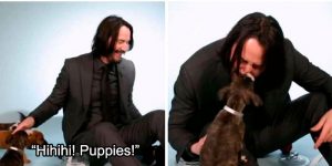 Keanu Reeves dio una entrevista en el piso para acariciar cachorros