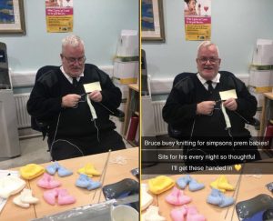 Hoy descubrí que el guardia de seguridad de mi trabajo por las noches teje botitas para bebes prematuros y se las regala a un hospital para personas de escasos recursos