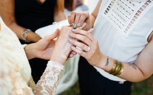 Hands of a lesbian couple during their wedding