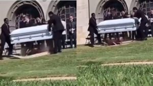 Impactante momento en el que ataúd se rompe y el cuerpo sale a rodar en pleno velorio