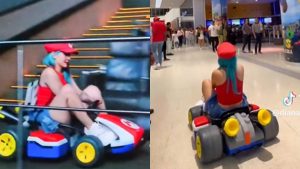 Mujer se roba toda la atención al ver ‘Super Mario Bros.: la película’ en kart de Mario