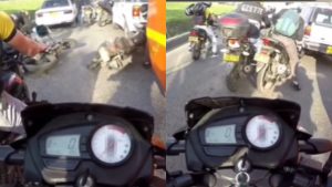 Conductores se agarraron en Bogotá, se patearon la moto y los dos terminaron en el piso