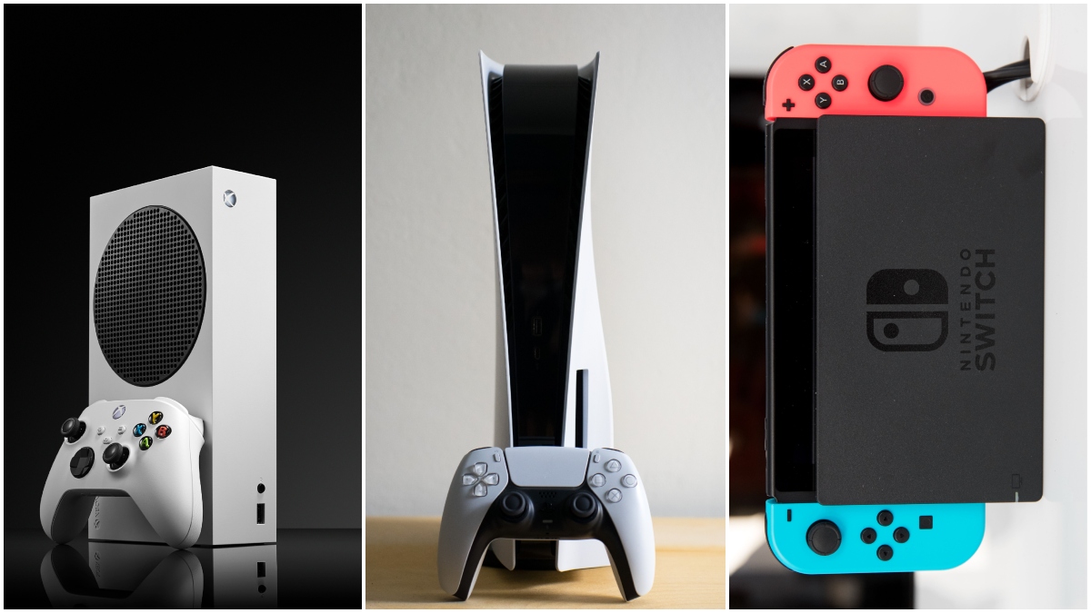 A la izquierda una consola Xbox, en el centro un PlayStation 5 y a la derecha un Nintendo Switch / Fotos: GettyImages