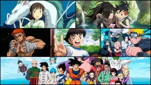 Collage de anime: Dragon ball, Spirited Away, Captain Tsubasa, Baki the Grappler, Naruto.