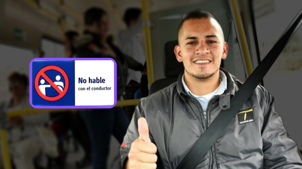 Conductor del SITP de Bogotá feliz y de fondo un letrero que dice no hable con el conductor (Fotos vía Twitter @TransMilenio y Facebook @infositpbta)