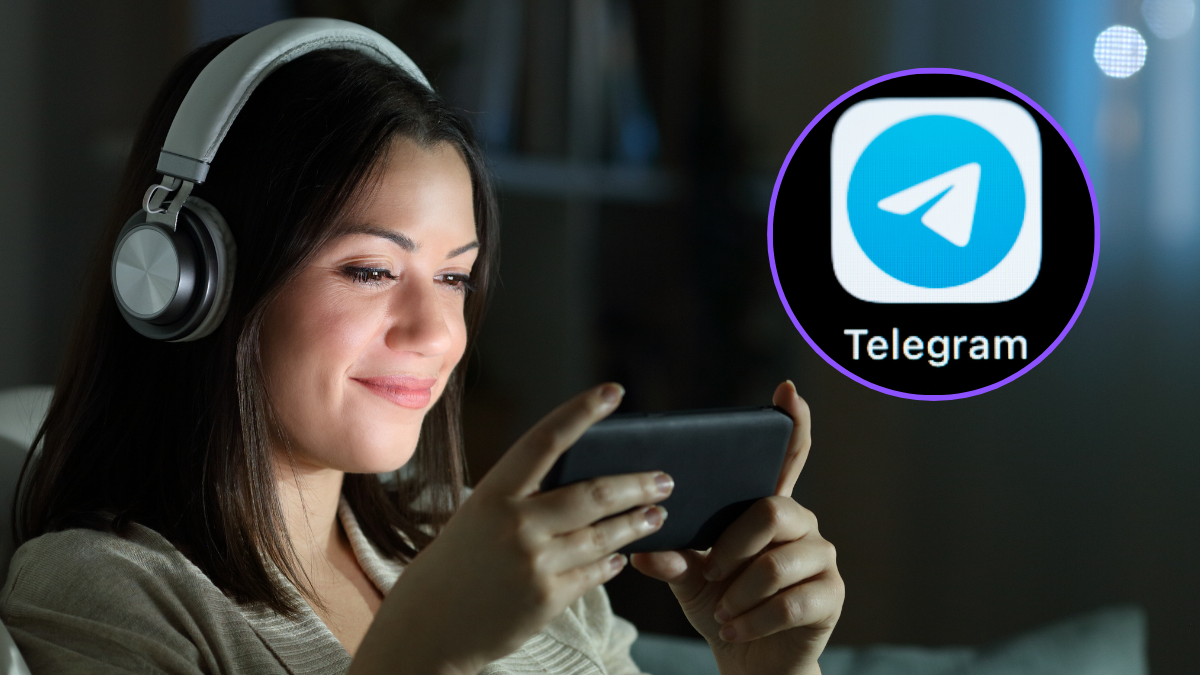Mujer viendo contenido de entretenimiento a través de su móvil y de fondo el logo de la app de mensajería Telegram (Fotos vía Getty Images)