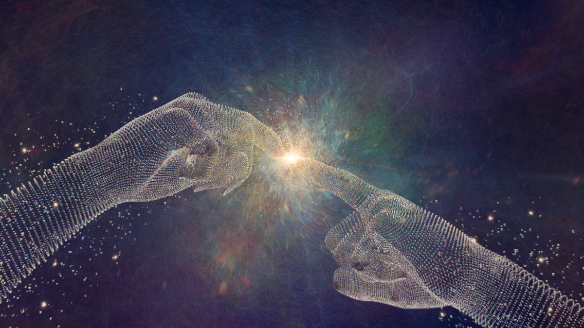 Partículas abstractas en forma de manos tocando las yemas de sus dedos en el punto de luz (Foto vía Getty Images)