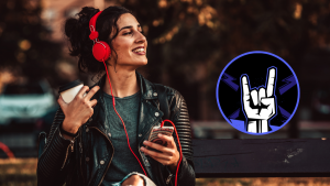 Mujer escuchando música con audífonos y de fondo el símbolo del rock (Fotos vía Getty Images)