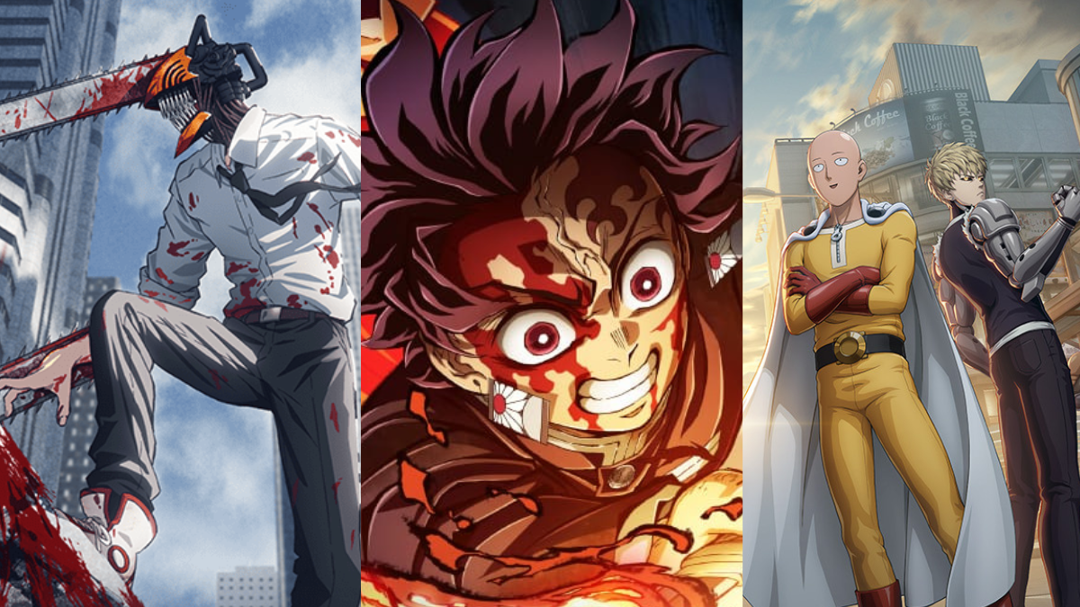 Diferentes posters las series Demon Slayer, One Punch Man y Chainsaw Man (Foto Vía cuentas de 'x' @DemonSlayerUSA, @chainsawman_la y @onepunchman_w)