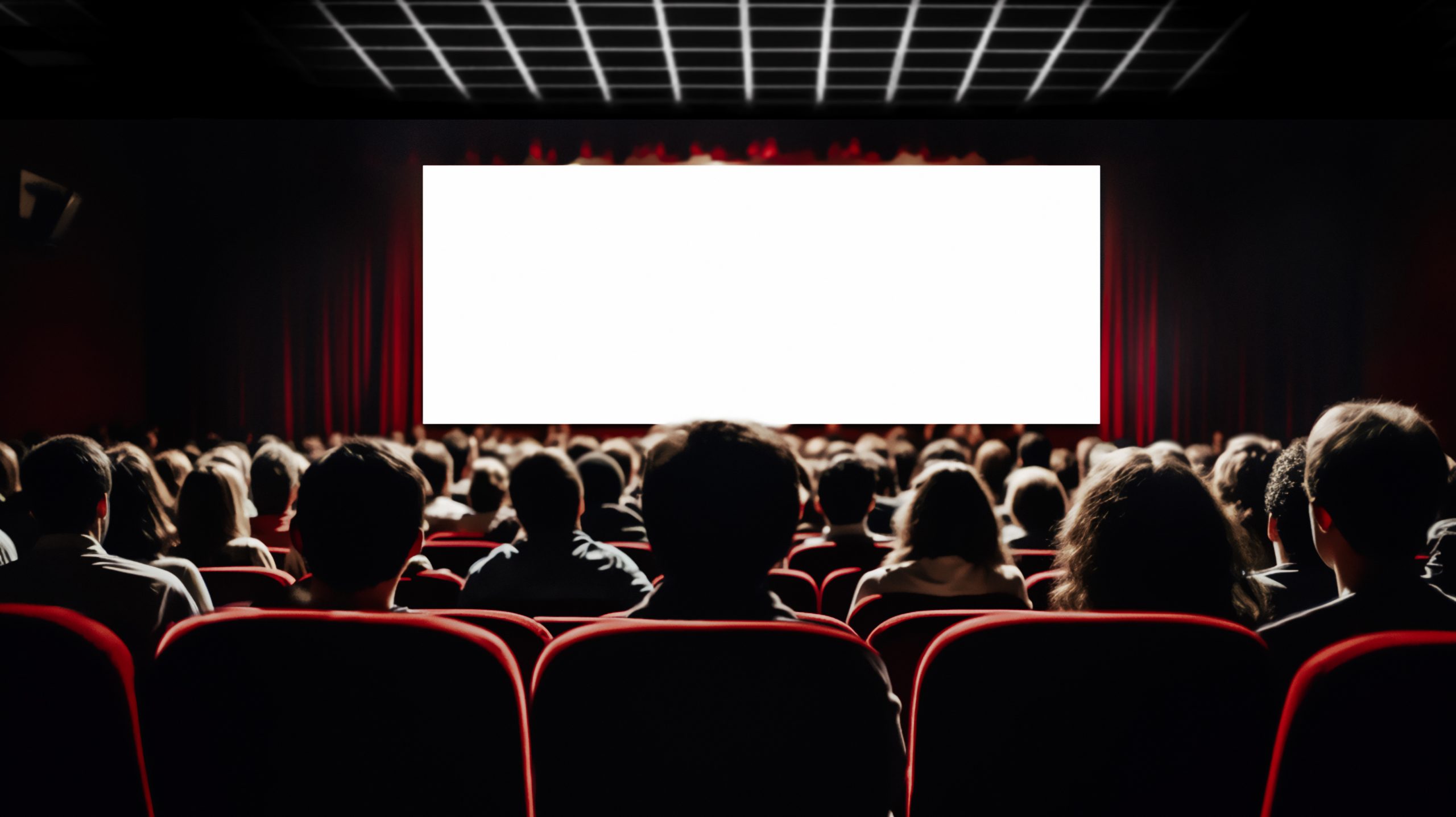 Gente en el Auditorio del cine con pantalla blanca vacía (Foto vía Getty Images)