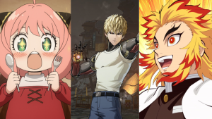 Ilustraciones de las series Demon Slayer, One Punch Man y Spy Family (Foto Vía cuentas de 'x' @DemonSlayerUSA, @spyfamily_anime y @onepunchman_w).