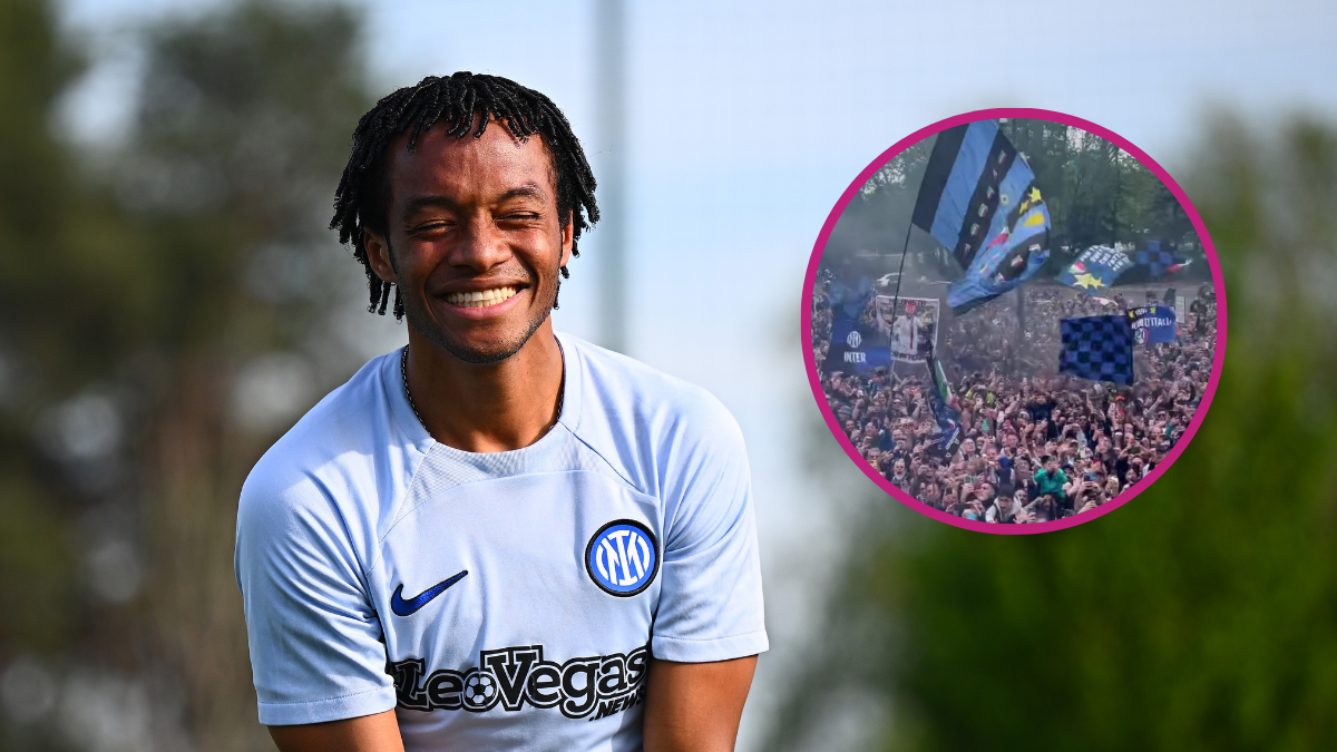 Juan Gullermo Cuadrado con el uniforme del Inter de Milán y de fondo la fanaticada de este equipo celebrando (Fotos vía Getty Images y de la publicación de Instagram de @cuadrado)