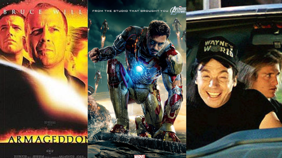 Afiches de películas de Wayne’s World, Iron Man y Armageddon.