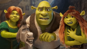 Imagen del trailer de Shrek 5. Personajes: Shrek, Fiona y Burro