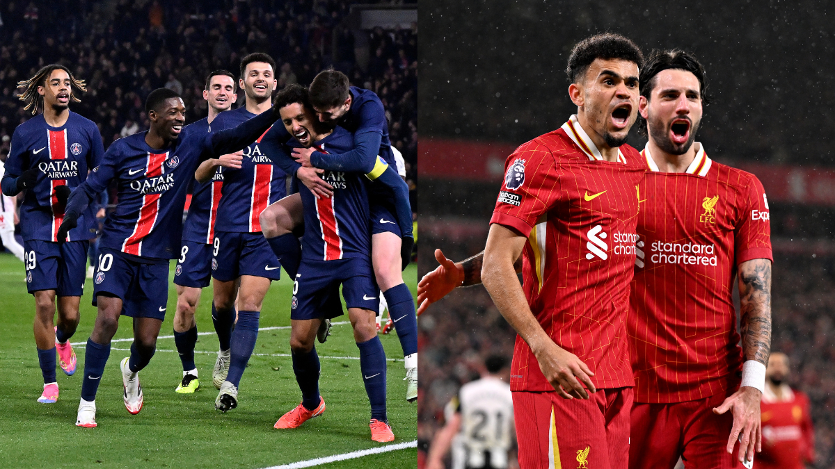 Foto del PSG celebrando un gol y foto de Luis Díaz celebrando un gol