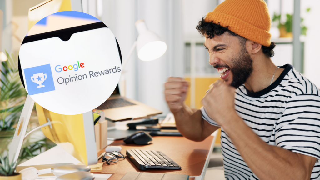 Hombre celebra frente a la pantalla de un computador que tiene abierta  Google Rewards (Imágenes tomadas de; Getty Images)