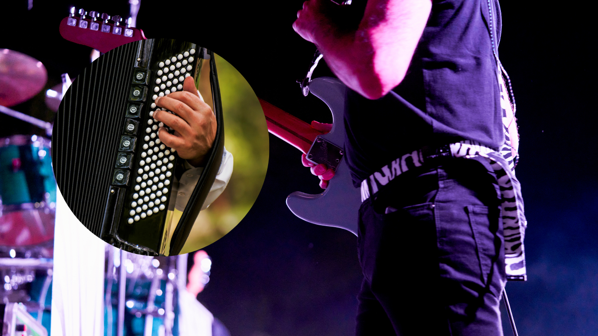 Foto de un concierto de rock y foto de un acordeón