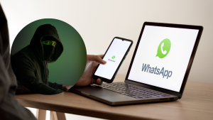 Foto de ciberdelincuente y foto de un computador y celular WhatsApp