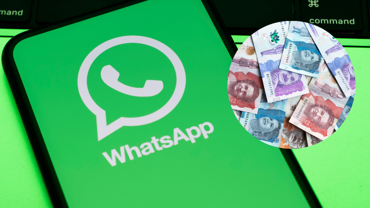 Foto de un teléfono con WhatsApp y una foto de dinero en Colombia