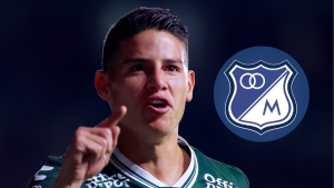 Foto de James Rodríguez y el escudo de Millonarios