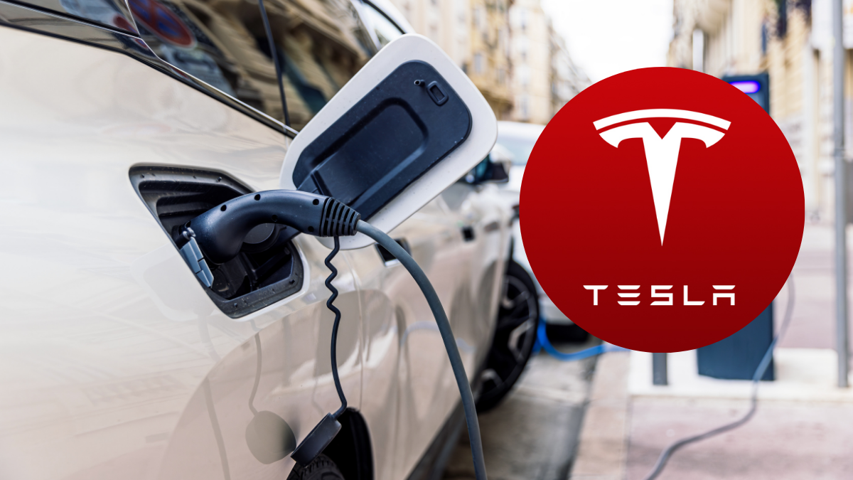 Foto de un carro electrico y el logo de Tesla