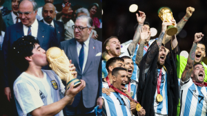 Maradona sosteniendo trofeo en el Mundial de 1986 y Leonel Messi sosteniendo trofeo del Mundial 2022. / Crédito: Getty Images