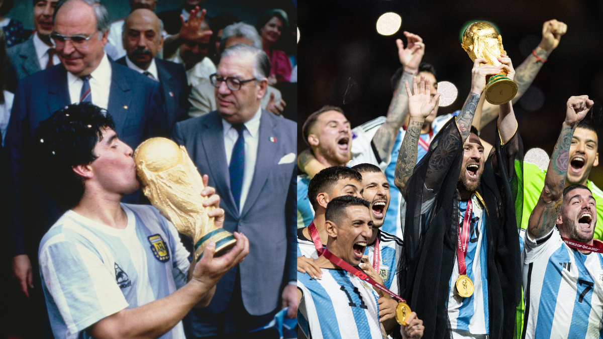 Maradona sosteniendo trofeo en el Mundial de 1986 y Leonel Messi sosteniendo trofeo del Mundial 2022. / Crédito: Getty Images