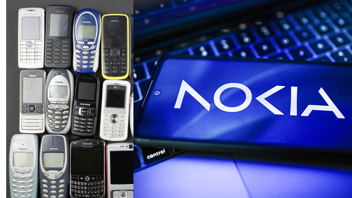 Imagen del logo de Nokia junto a teléfonos de los 2000- Créditos: Getty Images