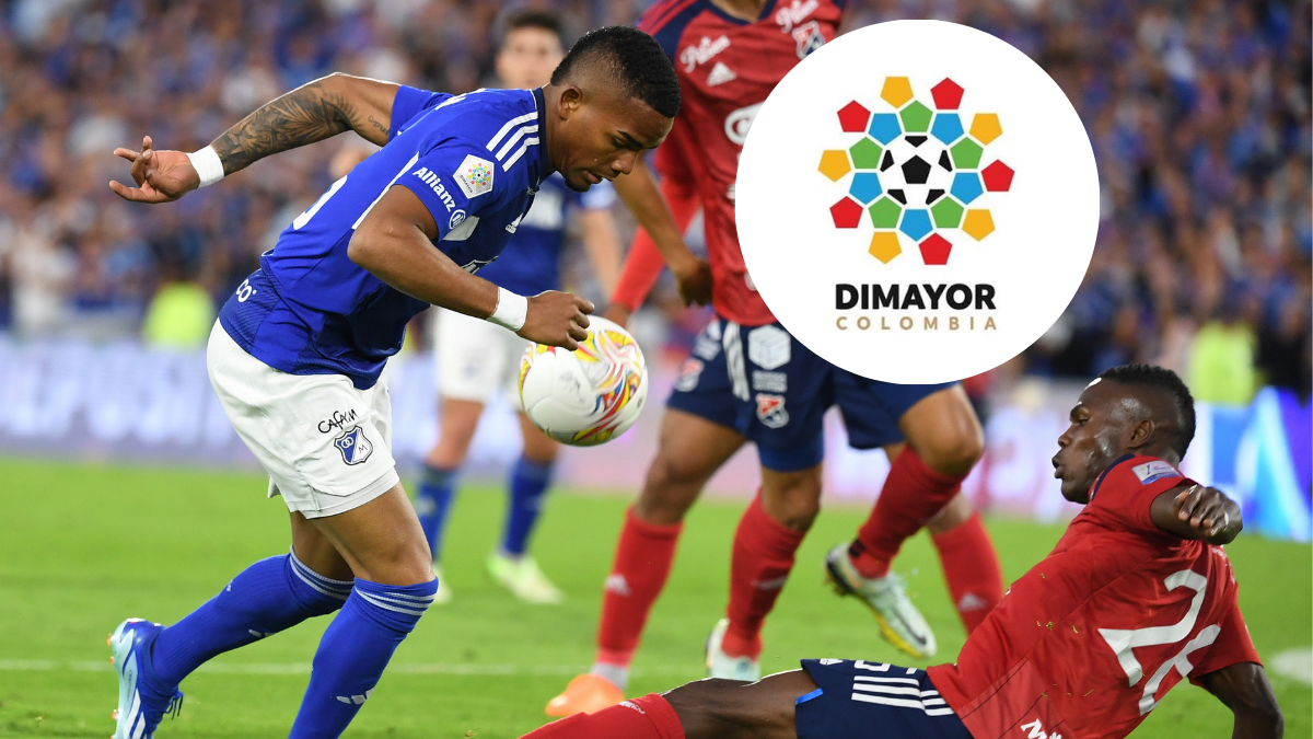 Foto de Millonarios vs DIM y foto del logo de la DIMAYOR