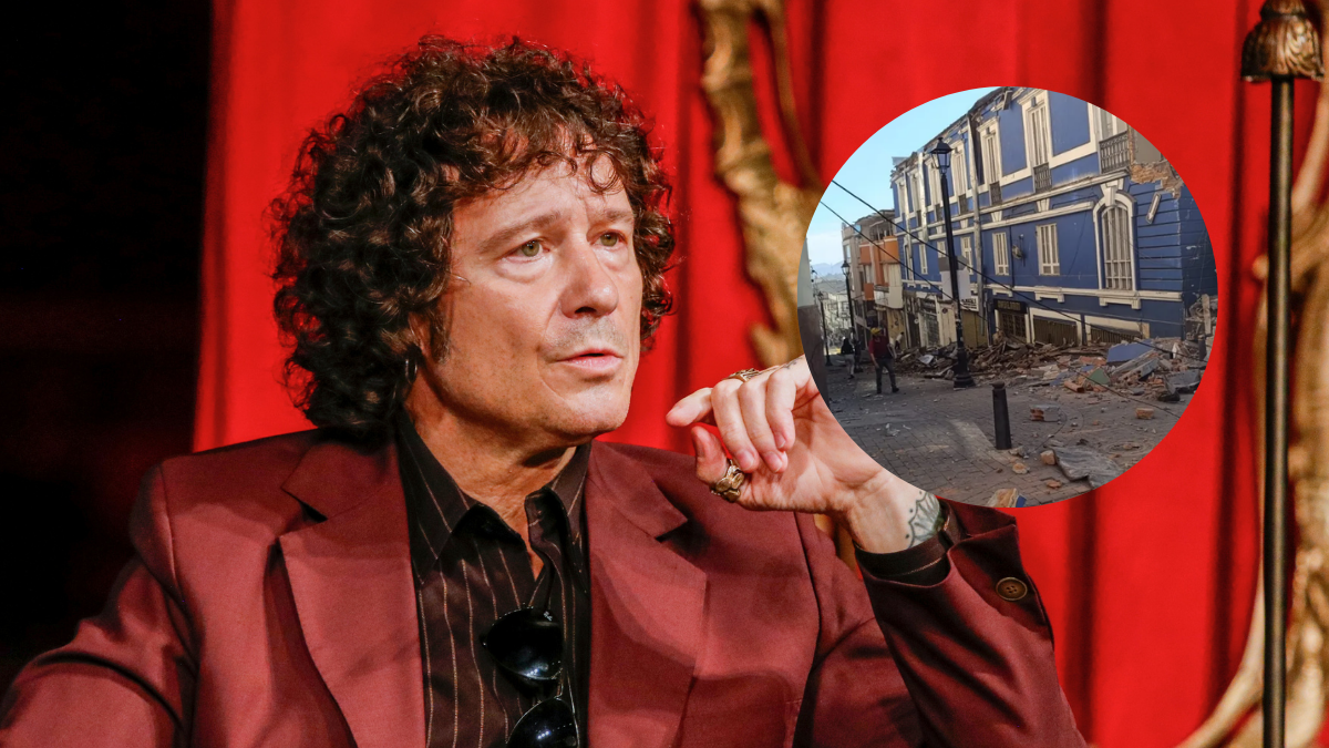Foto de Enrique Bunbury y foto de devastación en colombia tras terremoto
