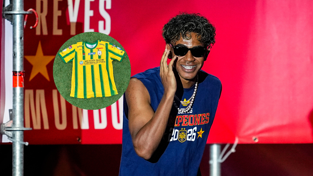 Foto de Lamine Yamal y foto de la camiseta del Real Cartagena