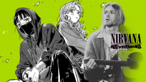 Protagonistas del anime ‘The Guy She Was Interested In Wasn’t A Guy At All’ junto a Kurt Cobain de Nirvana | Getty Images- Crunchyroll