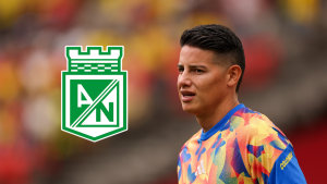 Foto de James Rodriguez y del logo de Atlético Nacional